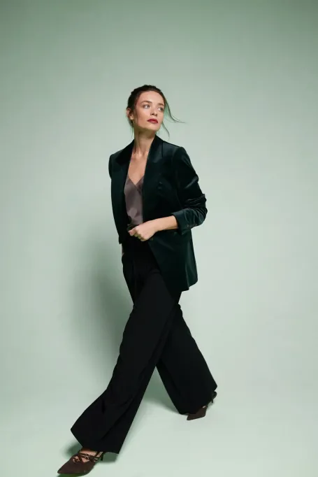 Zielony aksamitny żakiet jednorzędowy damski - Patrizia Aryton