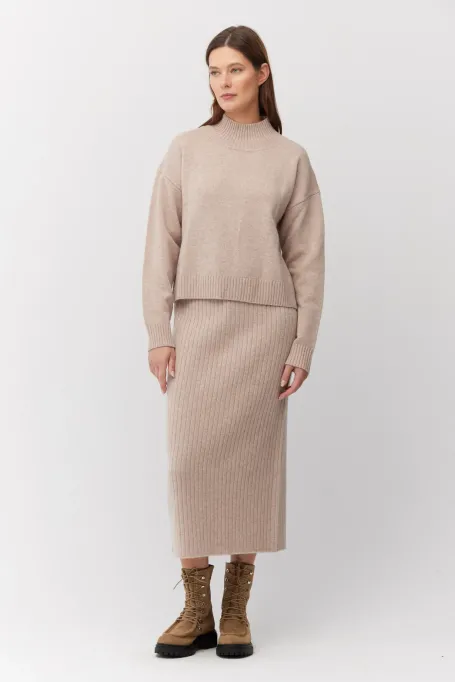 Beżowa dzianinowa spódnica z wełny merynosowej