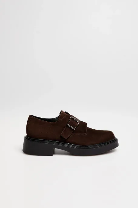 Monk shoes z brązowej skóry zamszowej damskie - Patrizia Aryton