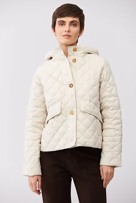 Krótka beżowa kurtka puchowa z kapturem damska - Patrizia Aryton