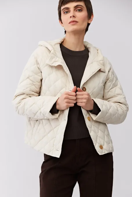 Krótka beżowa kurtka puchowa z kapturem damska - Patrizia Aryton