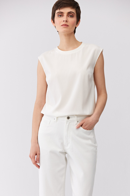 Biała bluzka z jedwabiem bez rękawów damska - Patrizia Aryton