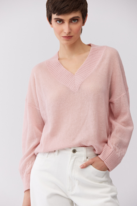 Jasnoróżowy sweter z wełną baby suri alpaki damski - Patrizia Aryton Jasnoróżowy sweter z wełną baby suri alpaki damski - Patrizia Aryton