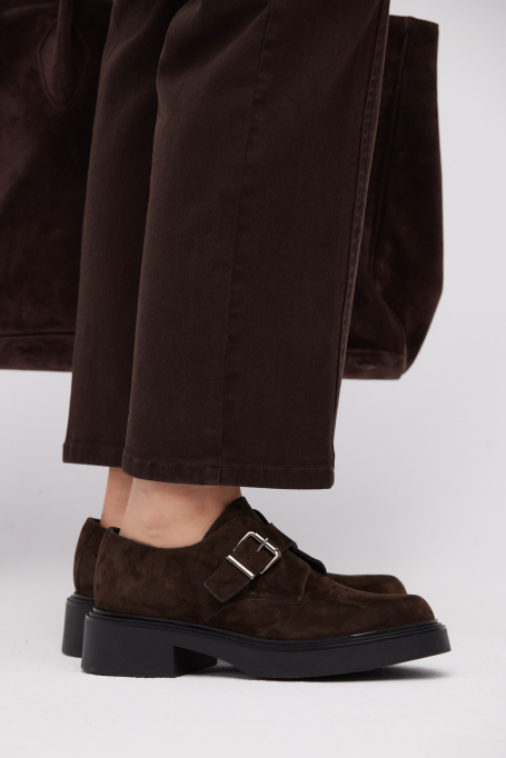 Monk shoes z brązowej skóry zamszowej damskie - Patrizia Aryton