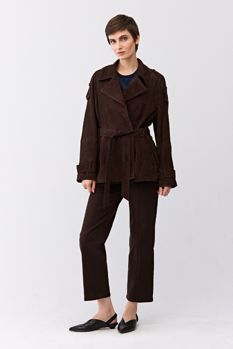 Brązowa skórzana kurtka z paskiem damska - Patrizia Aryton