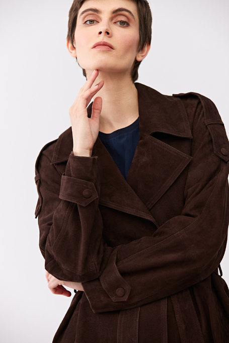 Brązowa skórzana kurtka z paskiem damska - Patrizia Aryton