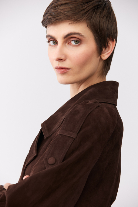 Brązowa skórzana kurtka z paskiem damska - Patrizia Aryton