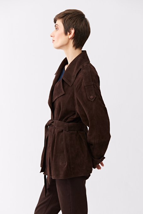 Brązowa skórzana kurtka z paskiem damska - Patrizia Aryton