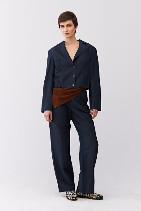 Granatowy żakiet jednorzędowy z wełną i lnem damski - Patrizia Aryton