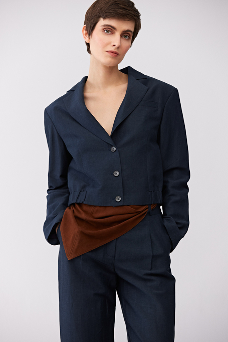 Granatowy żakiet jednorzędowy z wełną i lnem damski - Patrizia Aryton