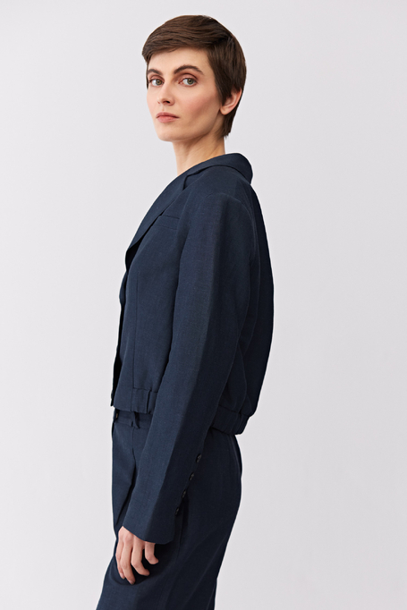 Granatowy żakiet jednorzędowy z wełną i lnem damski - Patrizia Aryton