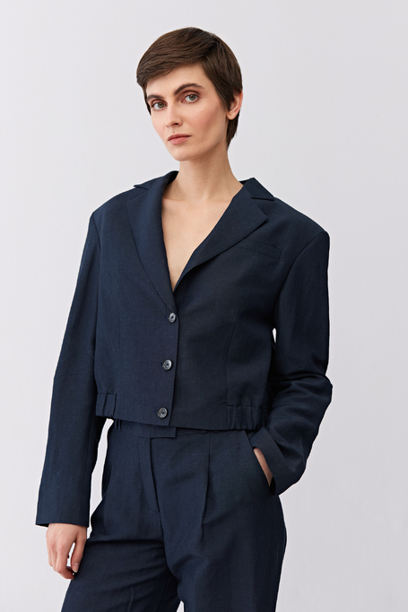 Granatowy żakiet jednorzędowy z wełną i lnem damski - Patrizia Aryton