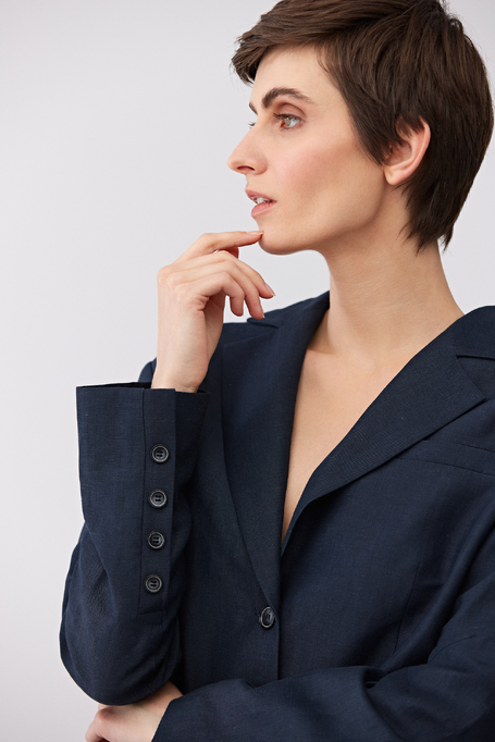 Granatowy żakiet jednorzędowy z wełną i lnem damski - Patrizia Aryton
