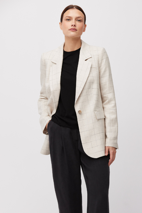 Beżowy żakiet w kratę z domieszką lnu