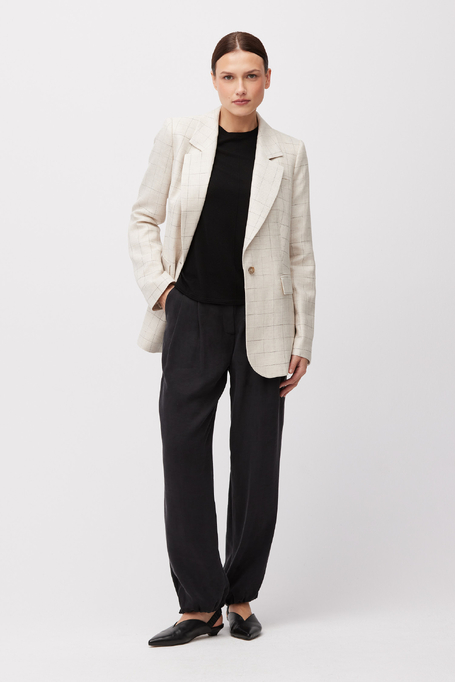 Beżowy żakiet w kratę z domieszką lnu Beżowy żakiet w kratę z domieszką lnu