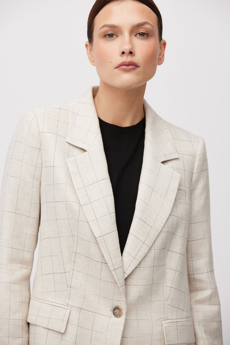 Beżowy żakiet w kratę z domieszką lnu Beżowy żakiet w kratę z domieszką lnu
