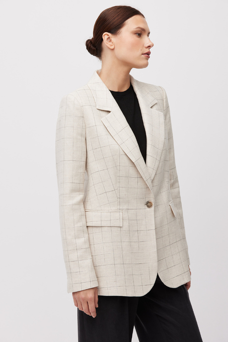 Beżowy żakiet w kratę z domieszką lnu Beżowy żakiet w kratę z domieszką lnu