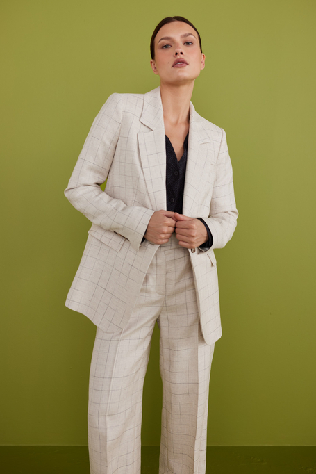 Beżowy żakiet w kratę z domieszką lnu