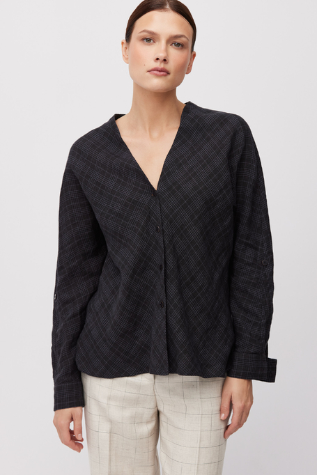 Lniana czarna bluzka w kratę