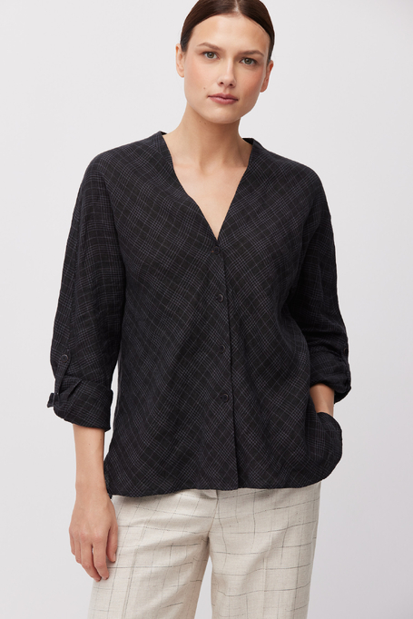 Lniana czarna bluzka w kratę