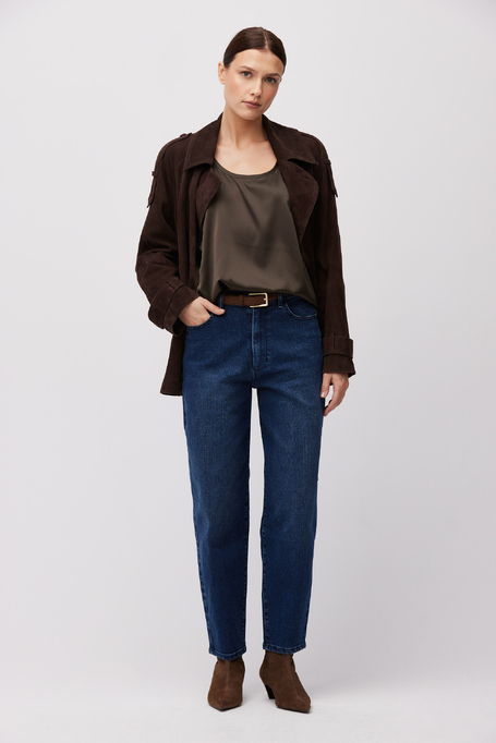 Granatowe jeansy barell z wysokim stanem