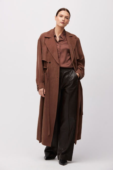 Brązowy płaszcz z mieszanki lyocellu i lnu damski - Patrizia Aryton