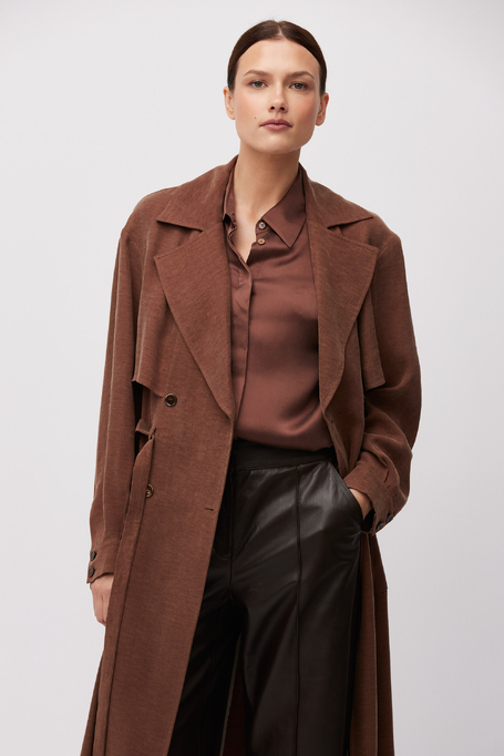 Brązowy płaszcz z mieszanki lyocellu i lnu damski - Patrizia Aryton