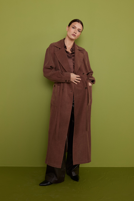 Brązowy płaszcz z mieszanki lyocellu i lnu damski - Patrizia Aryton
