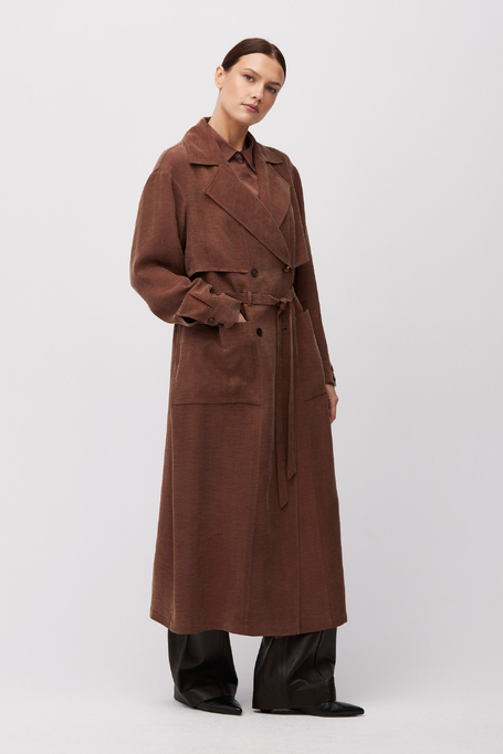 Brązowy płaszcz z mieszanki lyocellu i lnu damski - Patrizia Aryton