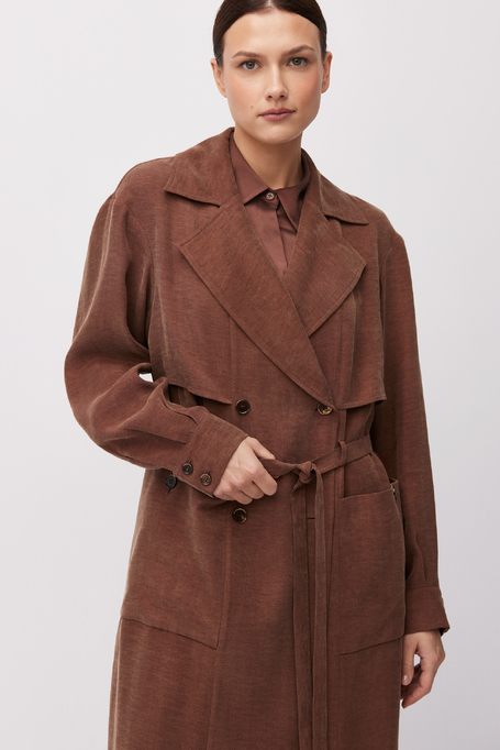 Brązowy płaszcz z mieszanki lyocellu i lnu damski - Patrizia Aryton