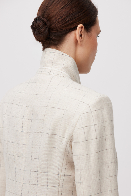 Beżowy żakiet w kratę z domieszką lnu damski - Patrizia Aryton Beżowy żakiet w kratę z domieszką lnu damski - Patrizia Aryton