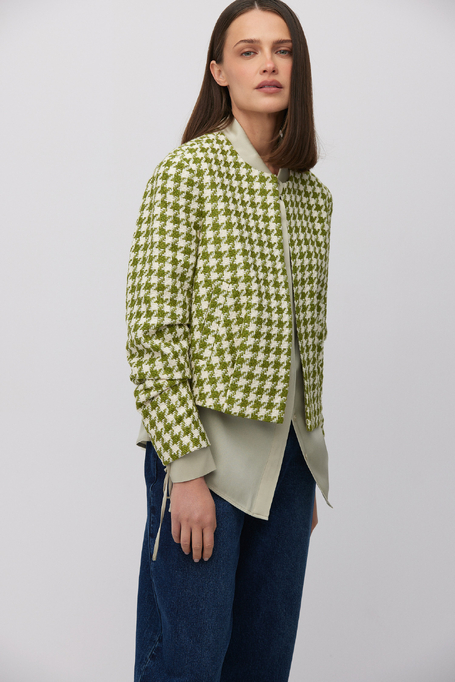 Pudełkowy żakiet z bawełny i lnu w zieloną pepitkę damski - Patrizia Aryton