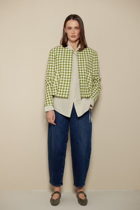 Pudełkowy żakiet z bawełny i lnu w zieloną pepitkę damski - Patrizia Aryton