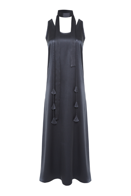 Jedwabna szara sukienka midi z chwostami - Patrizia Aryton