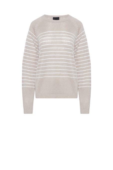 Lniany beżowy sweter w białe paski