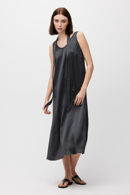 Jedwabna szara sukienka midi z chwostami - Patrizia Aryton