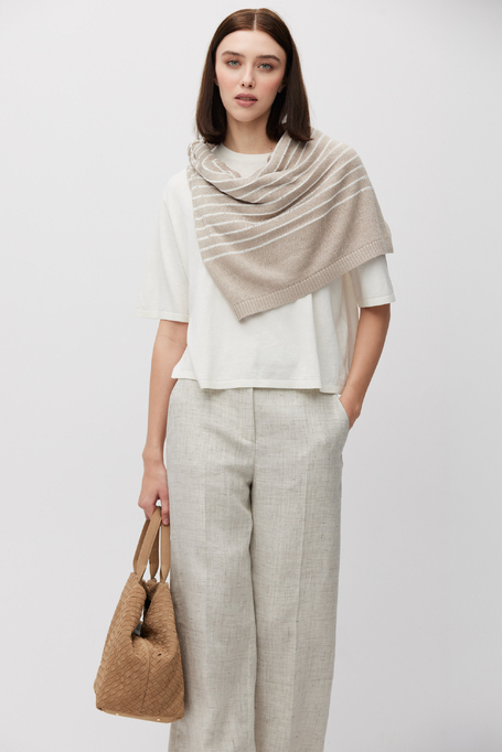 Lniany beżowy sweter w białe paski