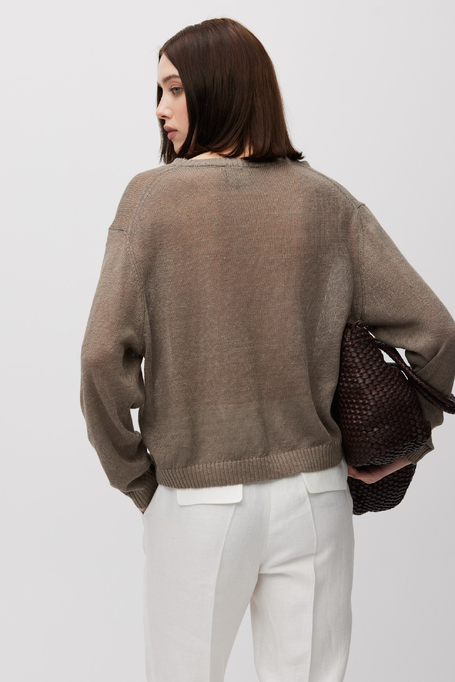 Luźny sweter z lnu w zgaszonym brązie damski - Patrizia Aryton Luźny sweter z lnu w zgaszonym brązie damski - Patrizia Aryton