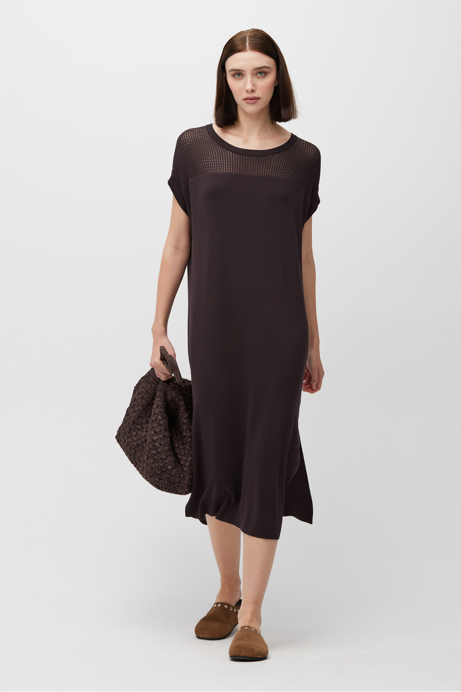 Brązowa sukienka midi z krótkim rękawem - Patrizia Aryton Brązowa sukienka midi z krótkim rękawem - Patrizia Aryton