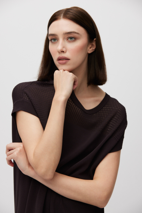 Brązowa sukienka midi z krótkim rękawem - Patrizia Aryton Brązowa sukienka midi z krótkim rękawem - Patrizia Aryton