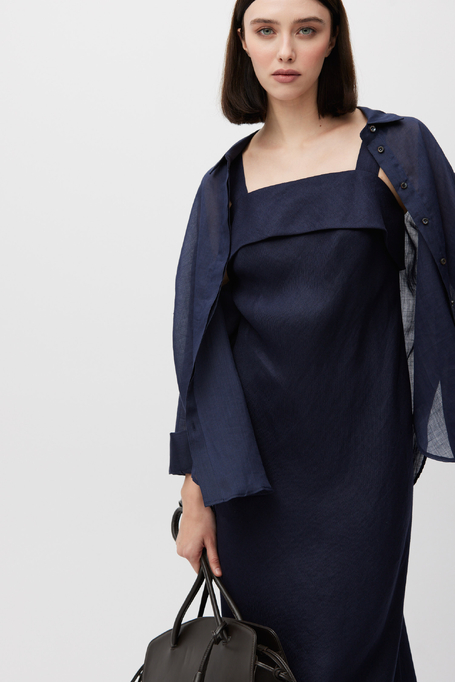 Granatowa sukienka z lnu z rozcięciami po bokach - Patrizia Aryton Granatowa sukienka z lnu z rozcięciami po bokach - Patrizia Aryton