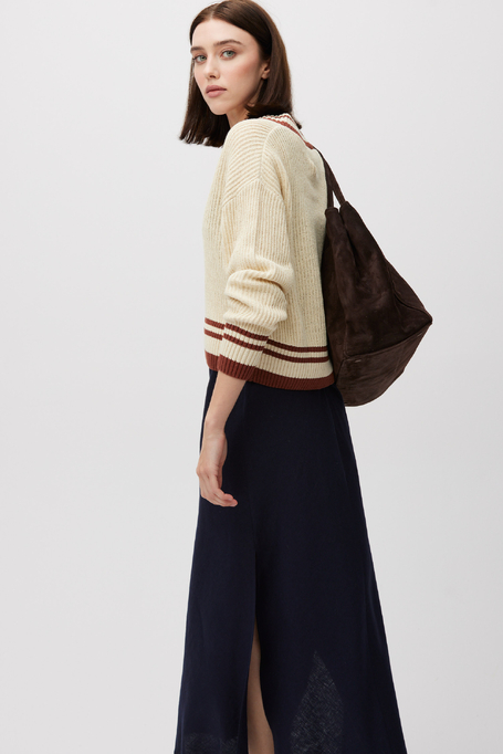 Beżowy sweter z dekoltem w szpic z bawełną i lnem damski - Patrizia Aryton