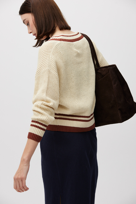 Beżowy sweter z dekoltem w szpic z bawełną i lnem damski - Patrizia Aryton