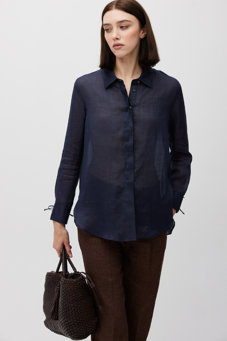 Granatowa koszula z ramii z długim rękawem damska - Patrizia Aryton