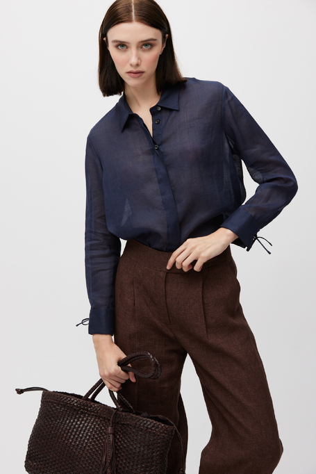 Granatowa koszula z ramii z długim rękawem damska - Patrizia Aryton