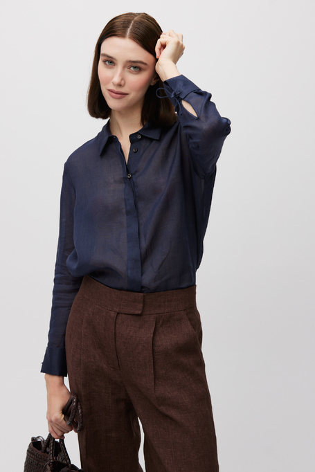 Granatowa koszula z ramii z długim rękawem damska - Patrizia Aryton