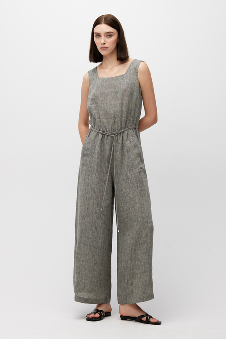 Szary lniany kombinezon z szeroką nogawką  damski - Patrizia Aryton