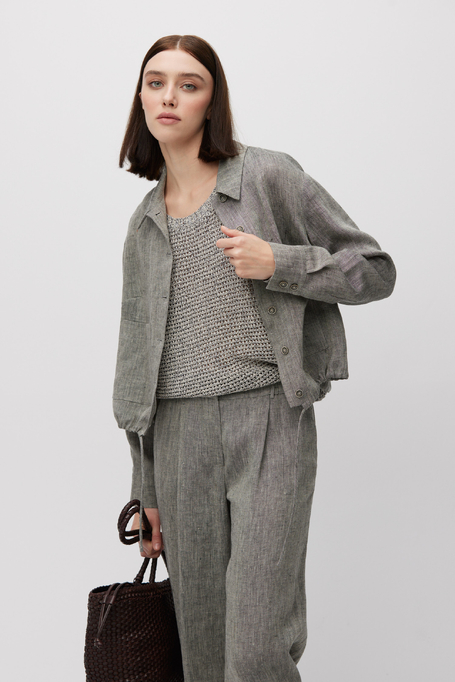 Krótki szary żakiet z lnu do garnituru damski - Patrizia Aryton
