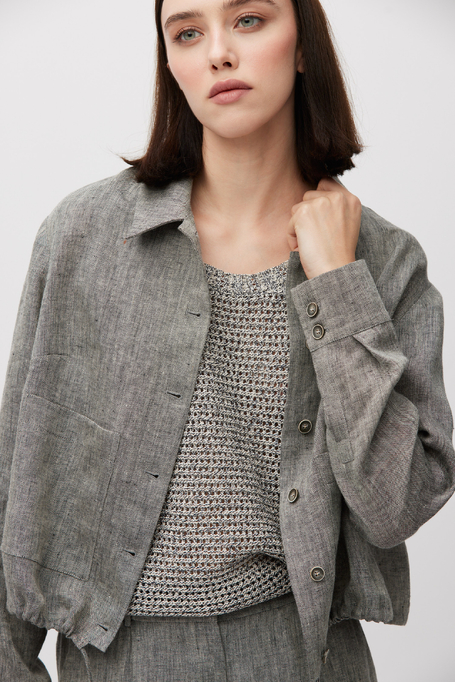 Krótki szary żakiet z lnu do garnituru damski - Patrizia Aryton Krótki szary żakiet z lnu do garnituru damski - Patrizia Aryton