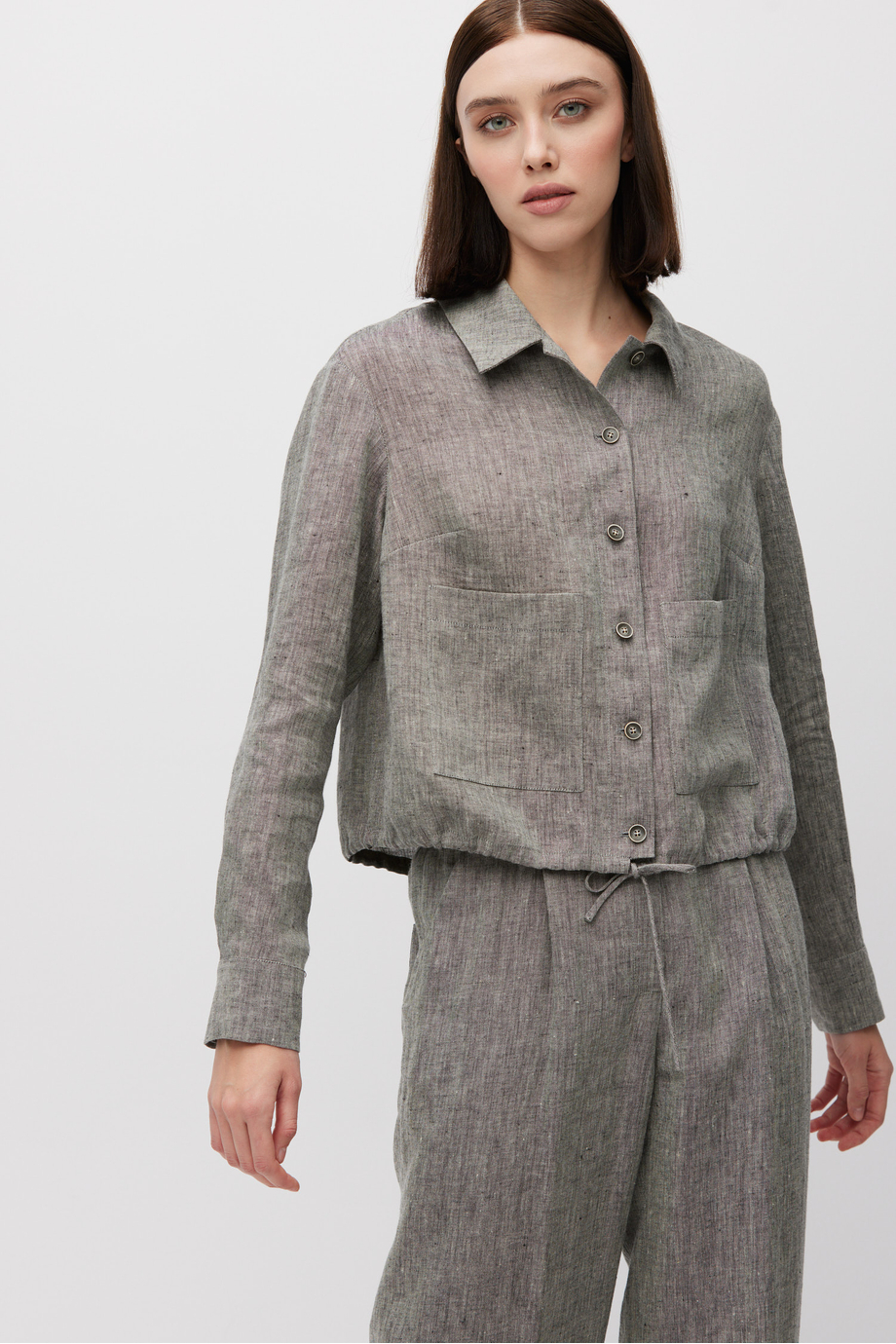 Krótki szary żakiet z lnu do garnituru damski - Patrizia Aryton Krótki szary żakiet z lnu do garnituru damski - Patrizia Aryton